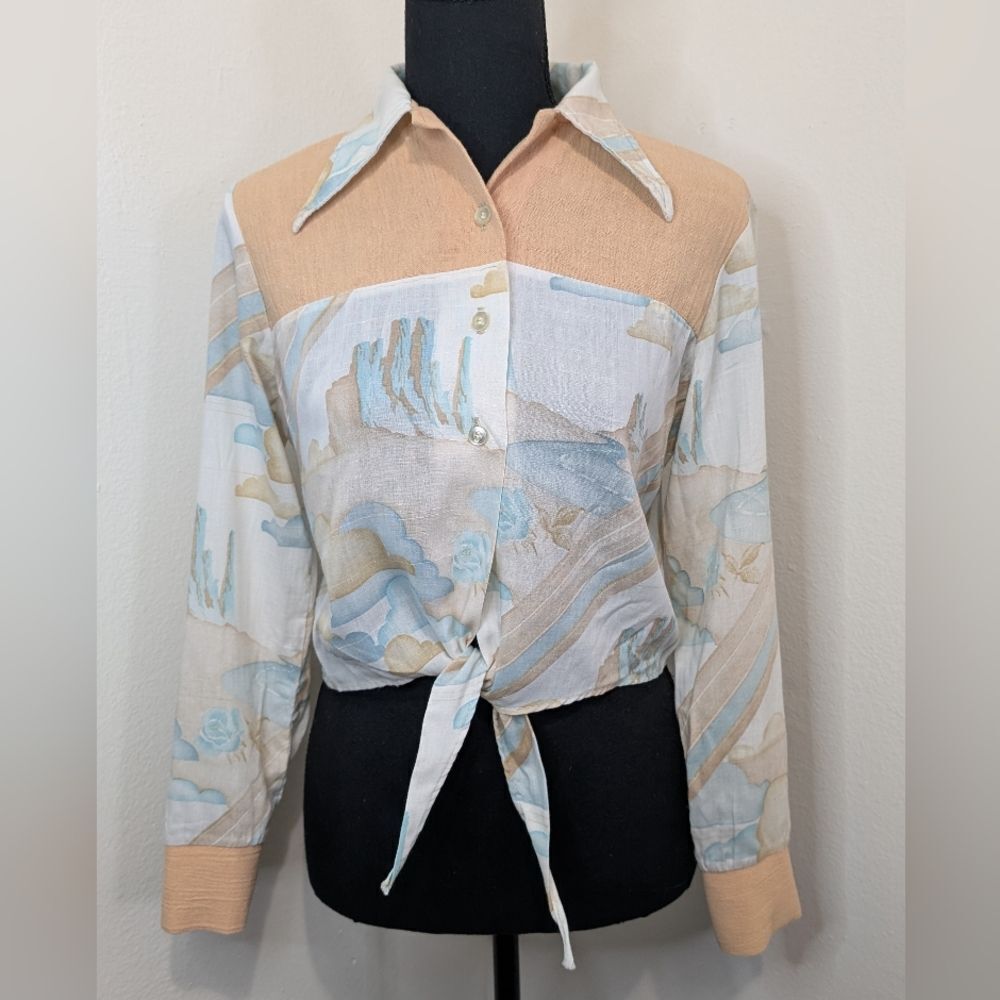 VTG 70s Western Coastal Cowgirl Country Desert Southwest Ranch Horse Top S